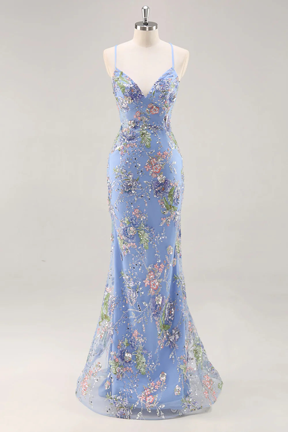 Sparkly Blue Mermaid V Neck Sequins Long Prom Dress with Lace Up Back